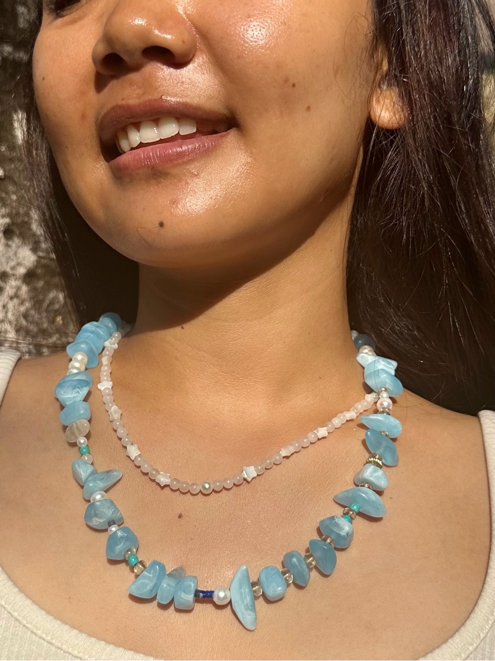 Turquoise Blue Chip & Pearl Necklace with Gold Clasp. Made in Bali!